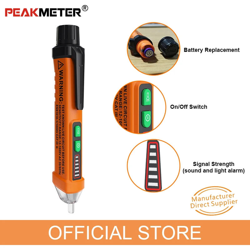 

Официальный Бесконтактный детектор напряжения переменного тока PEAKMETER PM8908C, тестовый измеритель напряжения 12 В-1000 В, ручка-детектор напряжен...