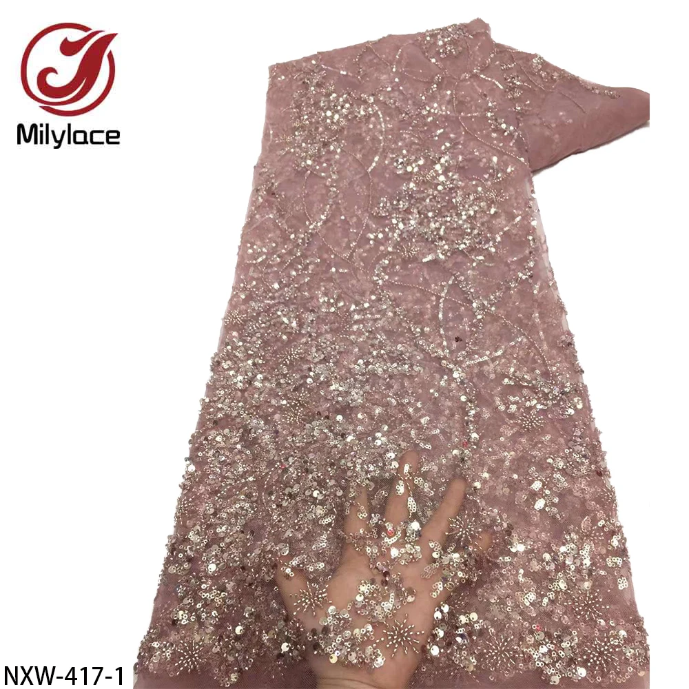 

African Net Lace French Sequin Fabric 2021 Embroidery Bead Tube Tulle Lace Fabrics with Sequins for Wedding Dress NXW-417