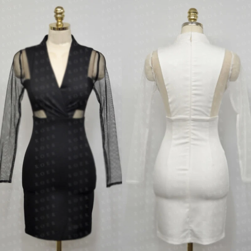 

COIGARSAM Patchwork Women dress New Spring High Waist Mesh Hollow Out V-Neck Dresses White Black 110