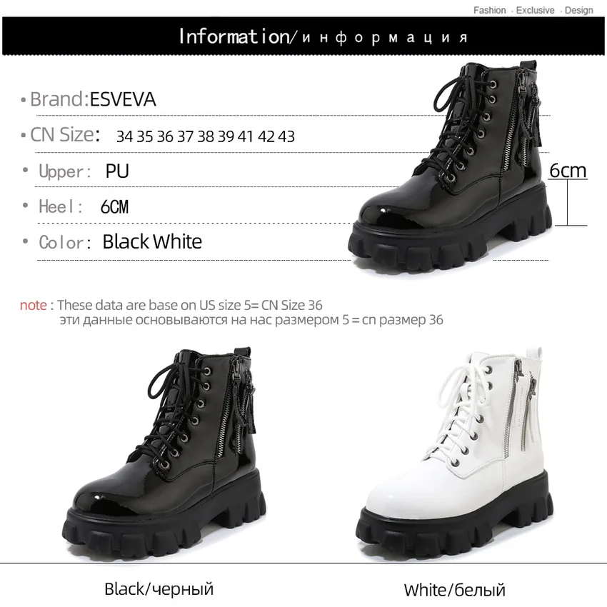 

ESVEVA 2020 Lace Up Platform Zipper All Match Women Shoes Autumn Winter PU Leather Square High Heel Ankle Boots Big Size 34-43