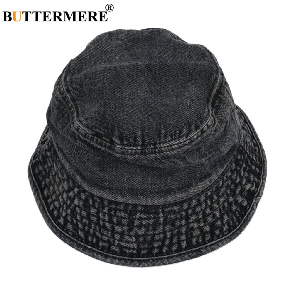 BUTTERMERE Bucket Hat Womens Denim Spring Summer Solid Vintage Fisherman Hat Korean Unisex Traveling Hiking Cap