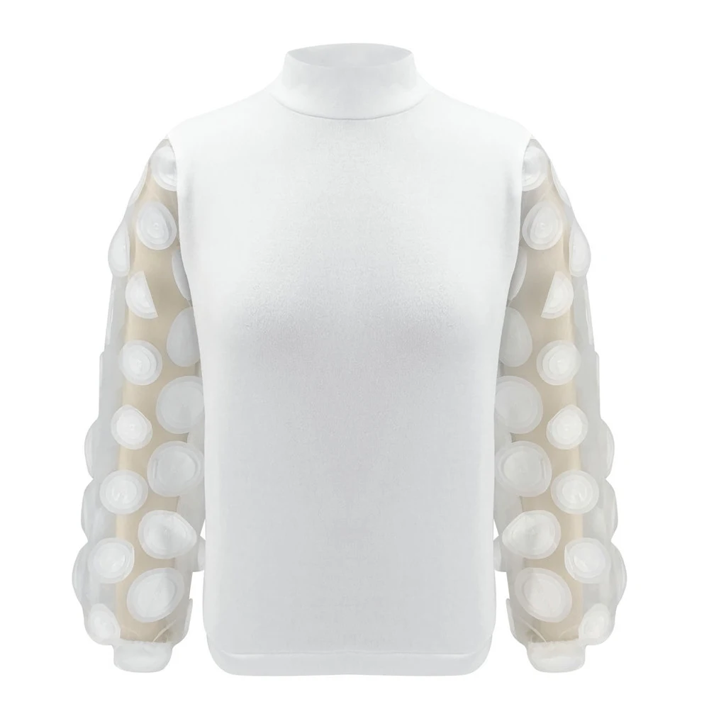 

Sexy Mesh See-through Puff Sleeve Polka Dot Print Lace Vintage Blouse Shirt Women Spring Summer Casual O-Neck Slim Pullovers Top