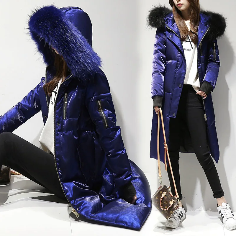 Женский пуховик с большим меховым воротником длинная парка на белом утином пуху