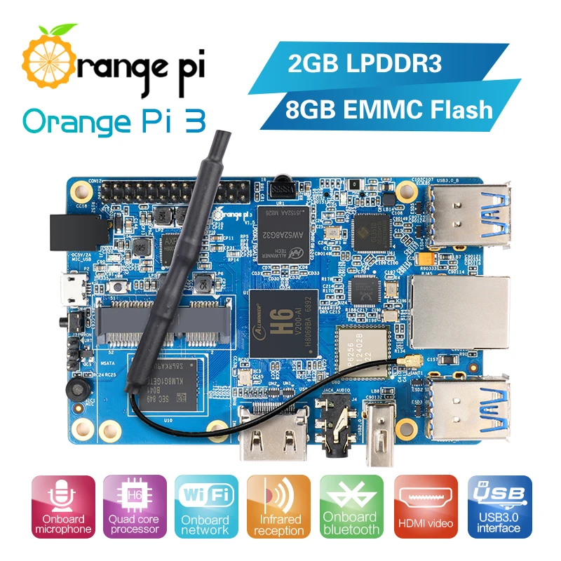 Мини-ПК Orange Pi 3 H6 2 ГБ LPDDR3 + 8 EMMC флэш-памяти Gigabyte Ethernet-порт AP6256 Wi-Fi BT5.0 4хUSB 3.0 поддержка