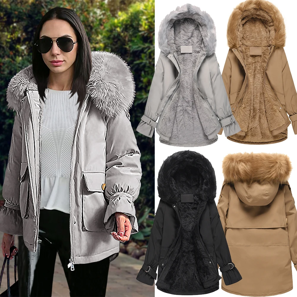 Women Coat Fur Collar Hooded Parka Jacket Long Thicken Warm Trench Outwear Casual Autumn Winter Clothes with Pocket