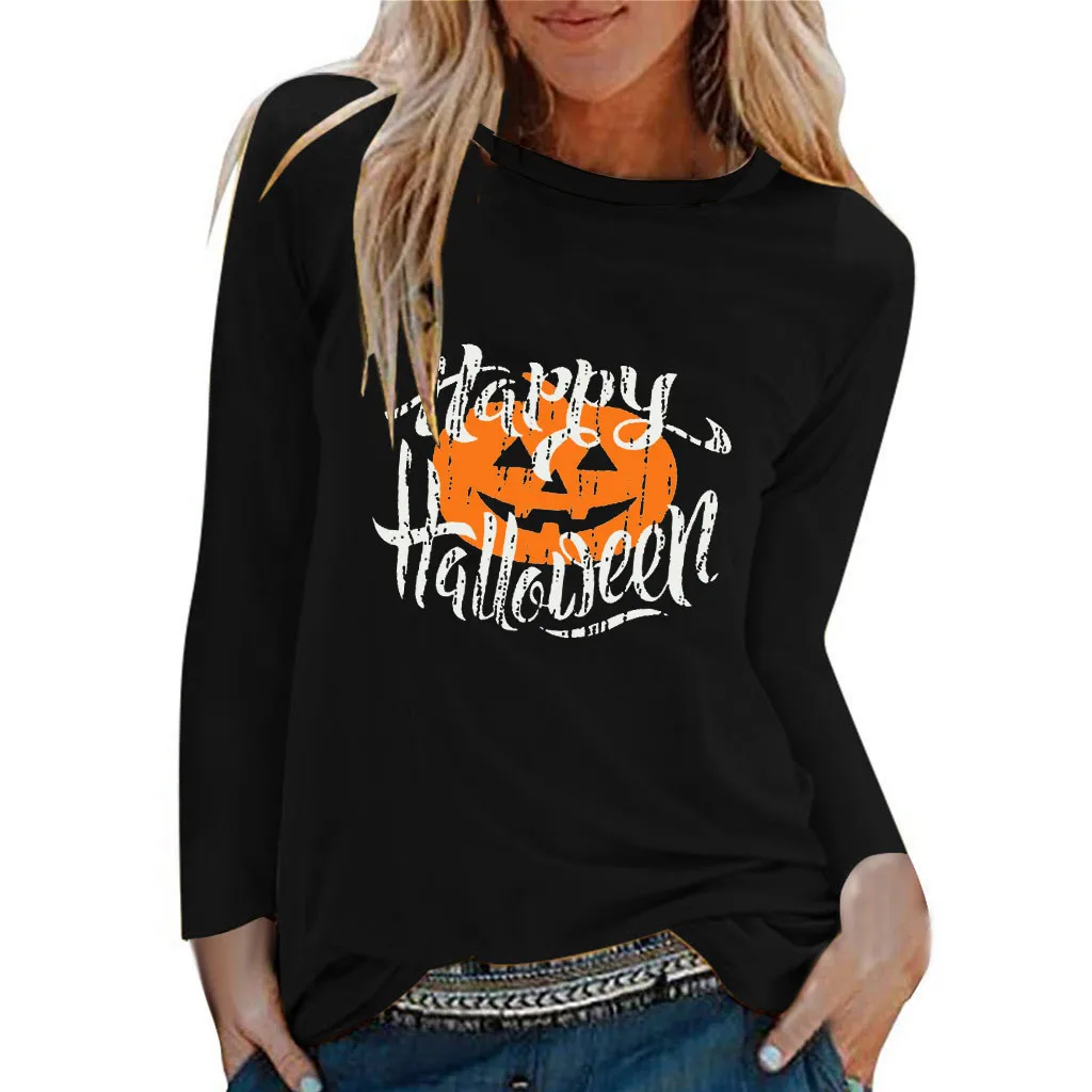 Женская Повседневная рубашка с принтом на Хэллоуин топ круглым вырезом и