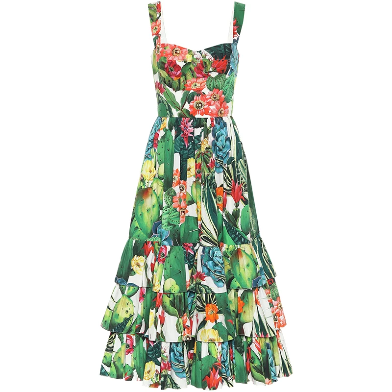 

Gedivoen Fashion Runway Summer Dress Women Spaghetti Strap Plants Print Cascading Ruffle Dress Party Midi Dresses Vestidos