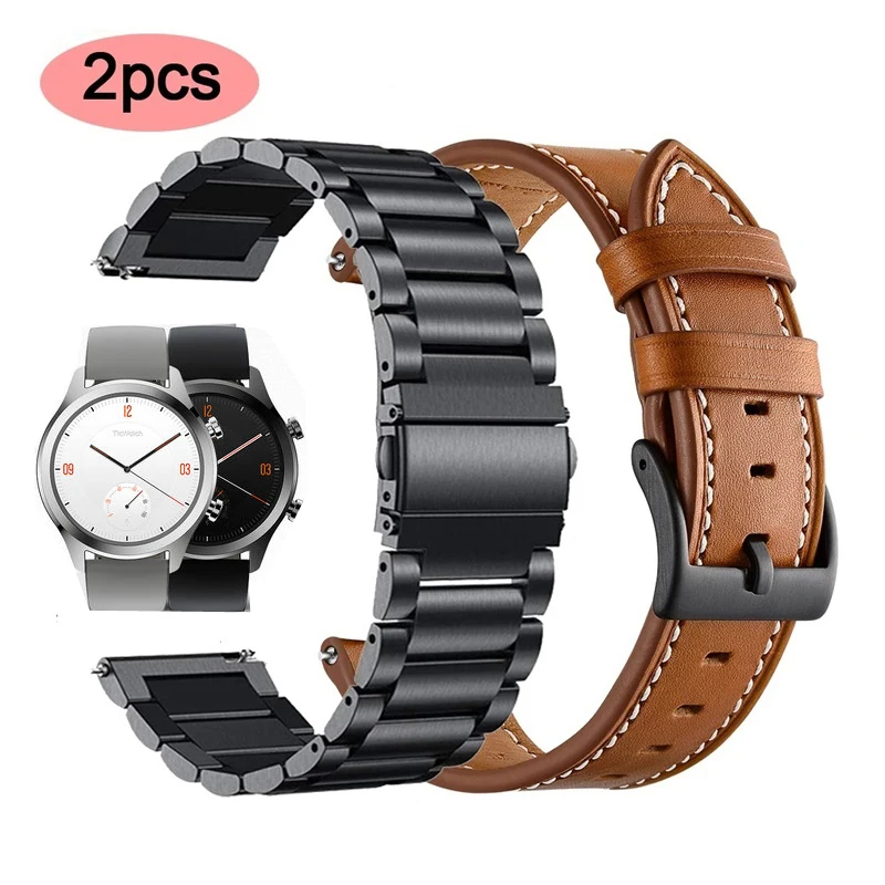 

Watch Strap For Ticwatch C2 Black Onyx/Platinum Genuine Leather Band Steel Bracelet Watchband Replacement Accessories ремешок