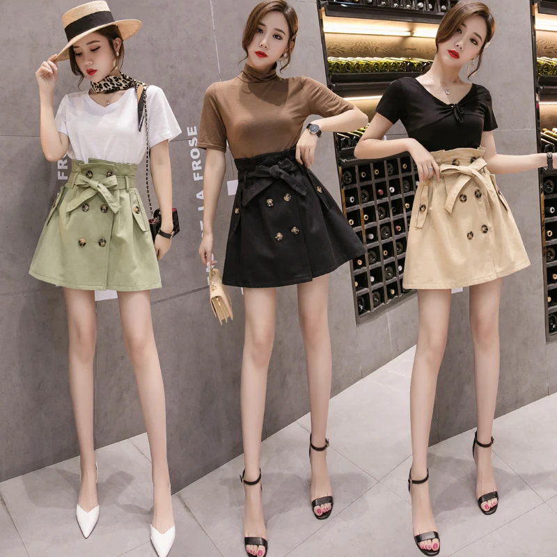 

Retro High Waist Double-breasted A-line Skirts Solid Color Women Mini Skirt Good Quality High Waist