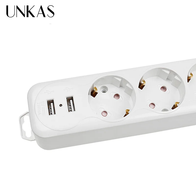 UNKAS Power Strip Dual USB Charge Port 3 AC EU Outlet Socket Extension Plug Button Surge Protector 2M Pure Copper Wire | Обустройство