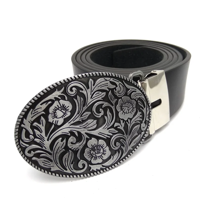 Vintage Western Cowgirl Oval Metal Chinese Style Retro Flower Plants Belt Buckle Black PU Leather Belts For Women Jenas Clothing