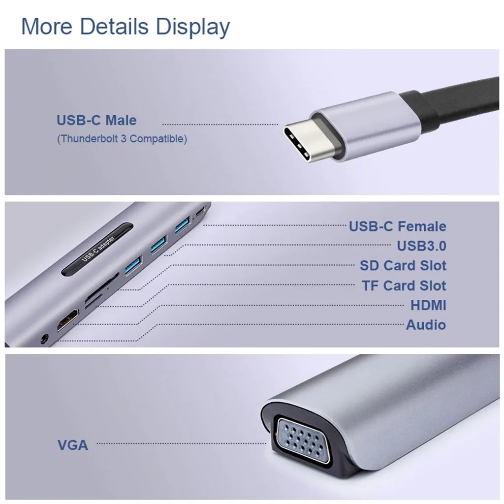 Адаптер USB Type C HDMI 9 в 1 3 0 слот для TF SD VGA аудио|USB-хабы| |