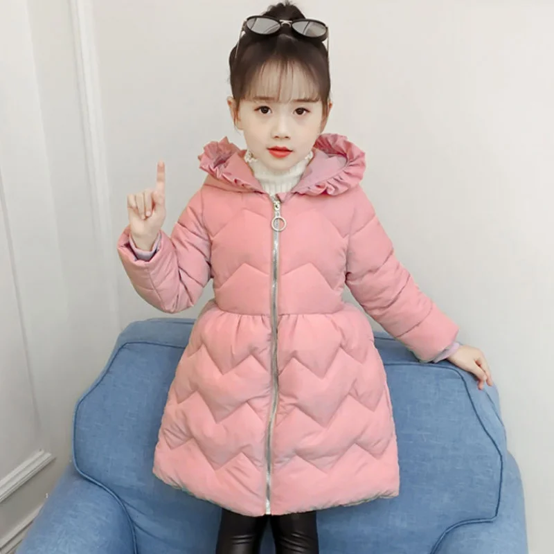 

New Winter Girls Long Cute Hooded Warm Cotton Coats Children Slim Printing Jackets Kids Big Fur Collar Windproof Jacket 2-10Y