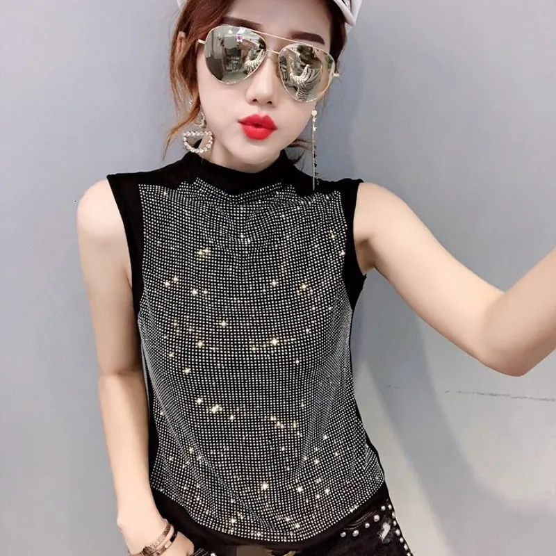 New European Summer Womens Sleeveless Shiny Diamonds Tees Half Turtleneck Slim Fit Night Club Wear Female T-Shirts Plus Size 3XL | Женская