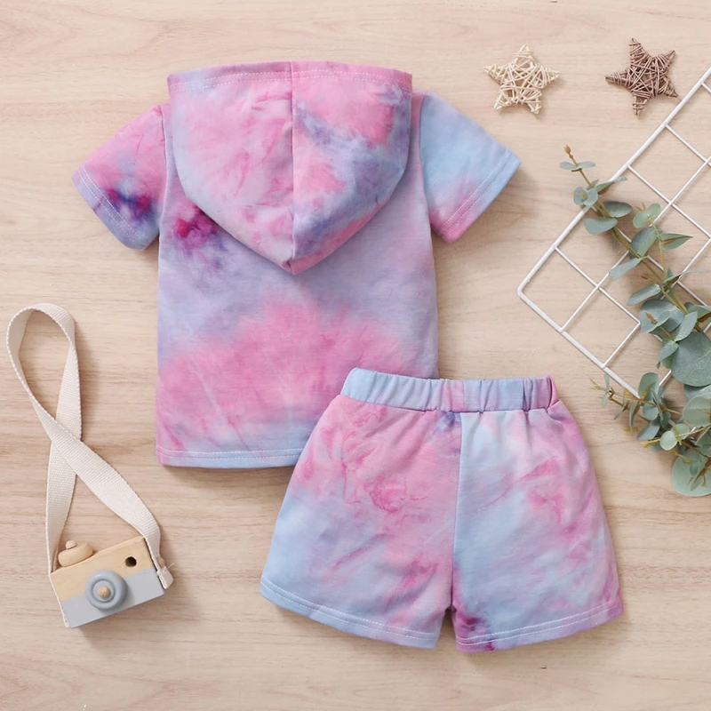 

Girls Tie-Dyed Outfits Clothes Set Toddler Baby Blouse Pants Sets Short-Sleeved Hoodie+High Elastic Waist Leisure Pant 2pcs/set