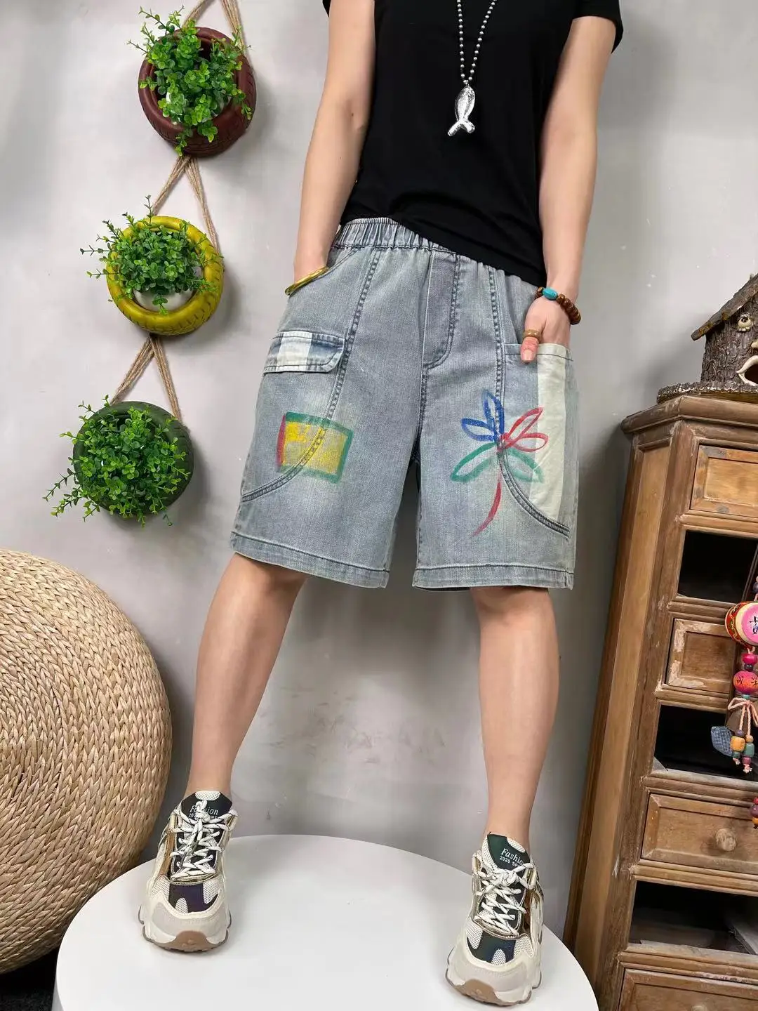 Женские джинсовые шорты повседневные Выбеленные свободные брюки с карманами в