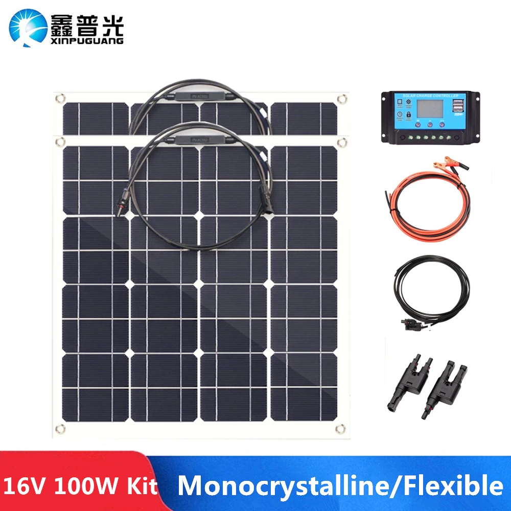 

100W Solar Panel System Kit 12V 50W Monocrystalline Flexible Ultralight Waterproof PV Panels Module Battery Charger 545*534*3mm