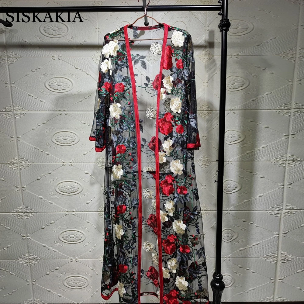 Женское платье с вышивкой в виде роз Siskakia кимоно поясом и жилетом | Женская одежда