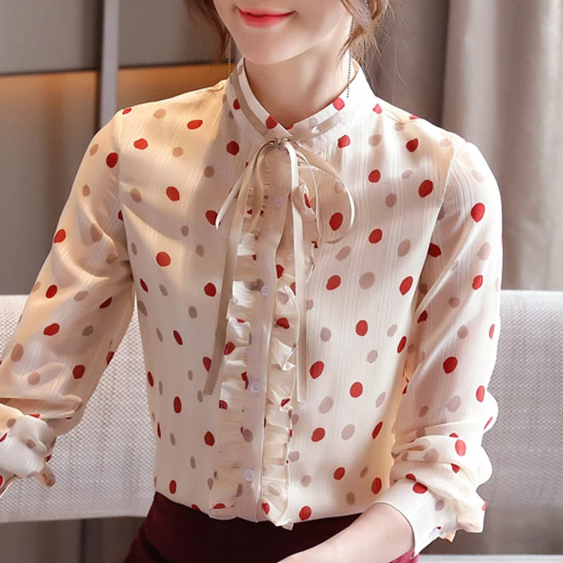 

Блузка Для женщин Blusas Mujer De Moda 2021 с длинным рукавом Для женщин блузки рубашки с принтом в горошек, Шифоновая блузка рубашка Для женщин топы