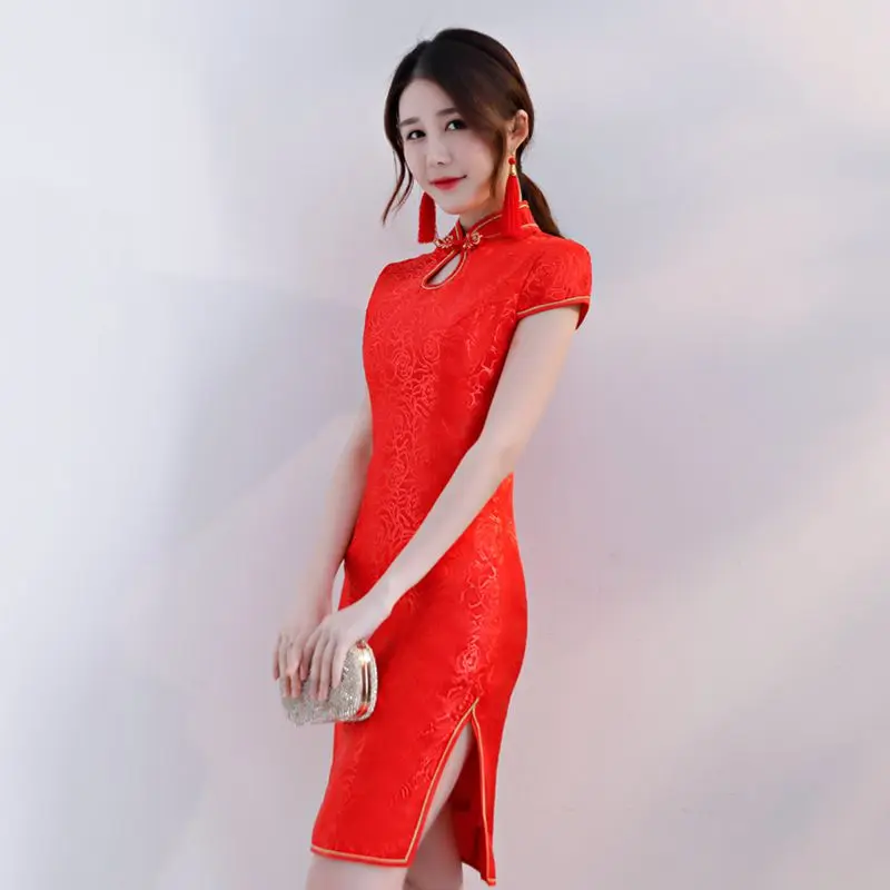 

Sexy Qipao Elegant Ladies High Split Chinese Style Bride Wedding Party Dress Vintage Stage Performance Clothing