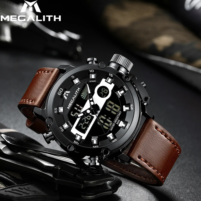 Relogio Masculino MEGALITH мужские часы с двойным дисплеем мужские многофункциональные водонепроницаемые светящиеся Спортивные кварцевые наручные часы мужские 8051