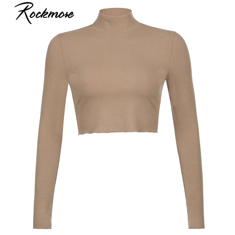 

Rockmore Turtleneck Ribbed Bottoming Top Casual T-Shirt Women Long Sleeves Crop Tops Sexy Simple Style Party Club 2020 Spring
