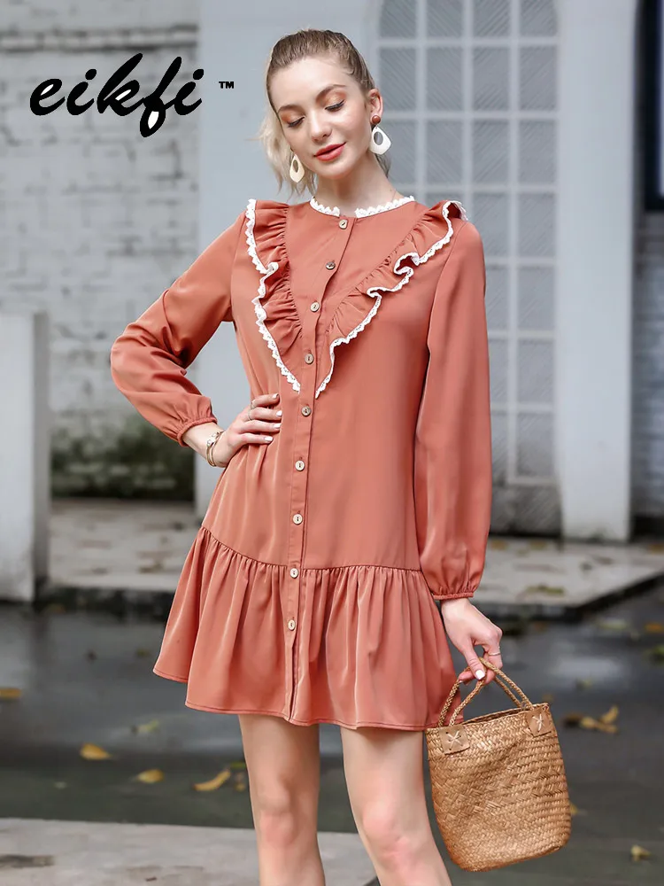 Платье женское винтажное однотонное с длинным рукавом свободное Повседневное