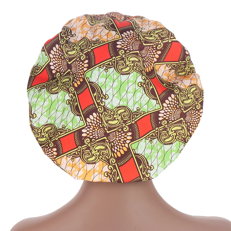 

African Print Women Nightcaps Turban Fashion Bonnet Hijabs Hat Satin Head Wrap Hijabs Large Hat Sleep Cap Wide Border Head Wear