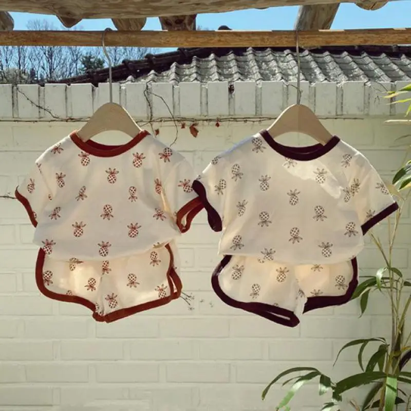 

2021 Summer New Baby Cotton Clothing Sets Cute Cartoon Print Toddler Kids Baby Boys Girls Short Sleeve T Shirts + Shorts Outfits
