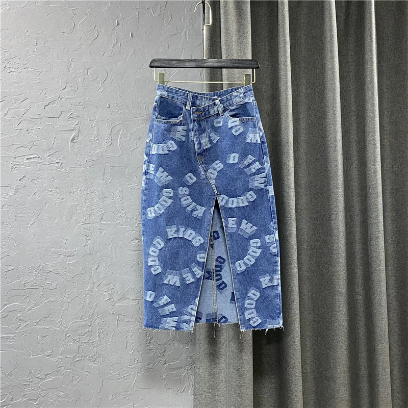 

Fashion Mid-Length Asymmetric High Waist Front Slit Skirt Personality Letter Pattern over the Knee Denim Long Skirts