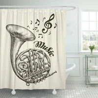 hand musical french horn sketch vintage trumpet music drawn shower curtain waterproof polyester fabric 60 x 72 inches with hooks