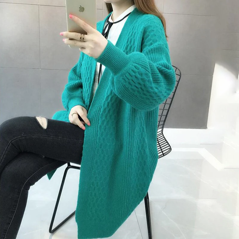 PEONFLY Loose Long Cardigan Women 2019 Autumn Winter Lantern Sleeve Sweater Female Casual Yellow Knitted Jacket |