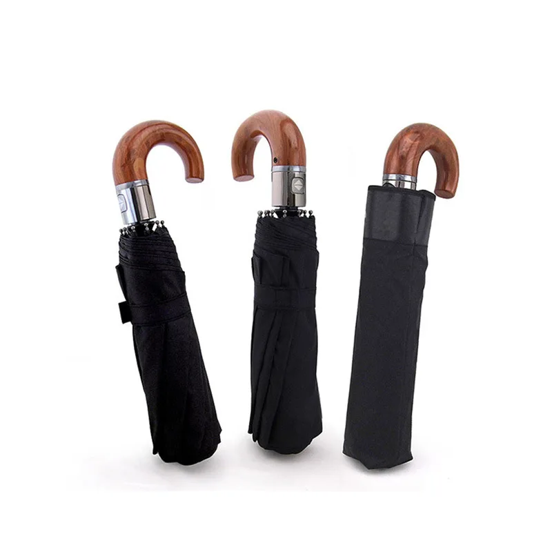 Зонт Автоматический с 10 спицами изогнутый мужской кожаный деревянной ручкой