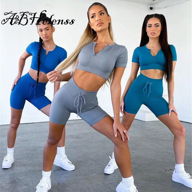 

A&BHelenss Summer Outfits for Women Knitted Tracksuits Sweat Suits Short Sleeve Crop Top Lace Up Biker Shorts Sporty 2 Piece Set