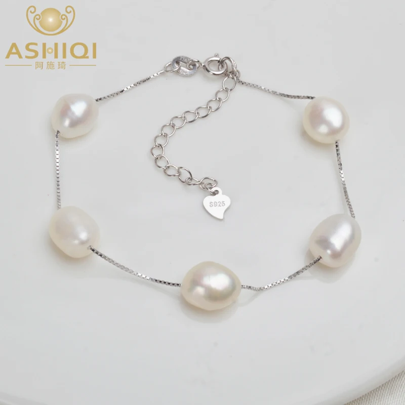 

ASHIQI Genuine 925 Sterling Silver Bracelet 8-9mm White Gray Natural Freshwater Baroque Pearl Jewelry For Women