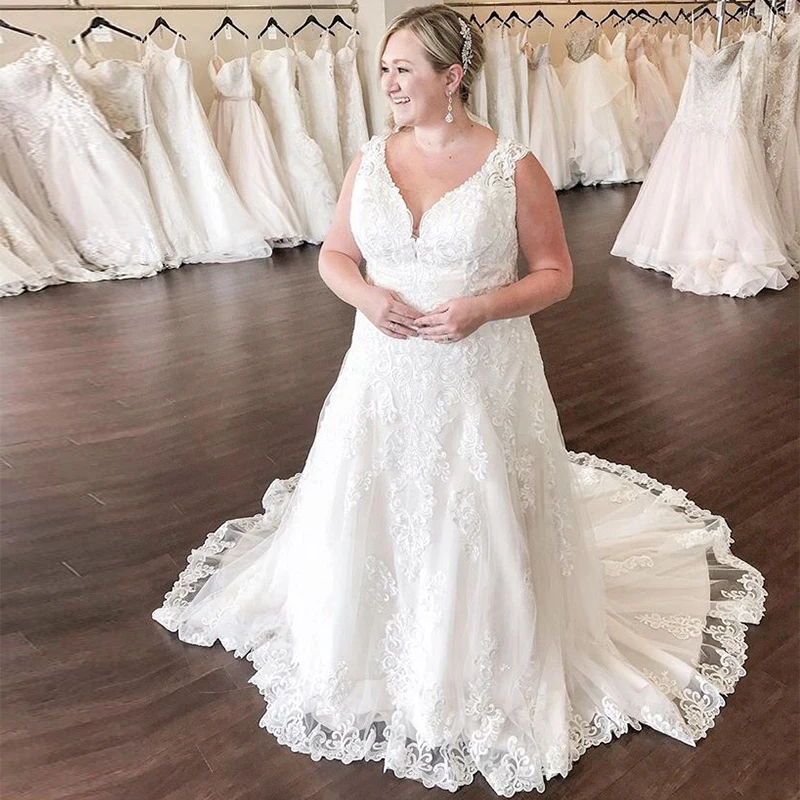 

Appliques Lace Wedding Dresses Plus Size Cap Sleeve V Neck A Line SWeep Trail Bridal Gowns Vestido De Noiva 2022 Spring