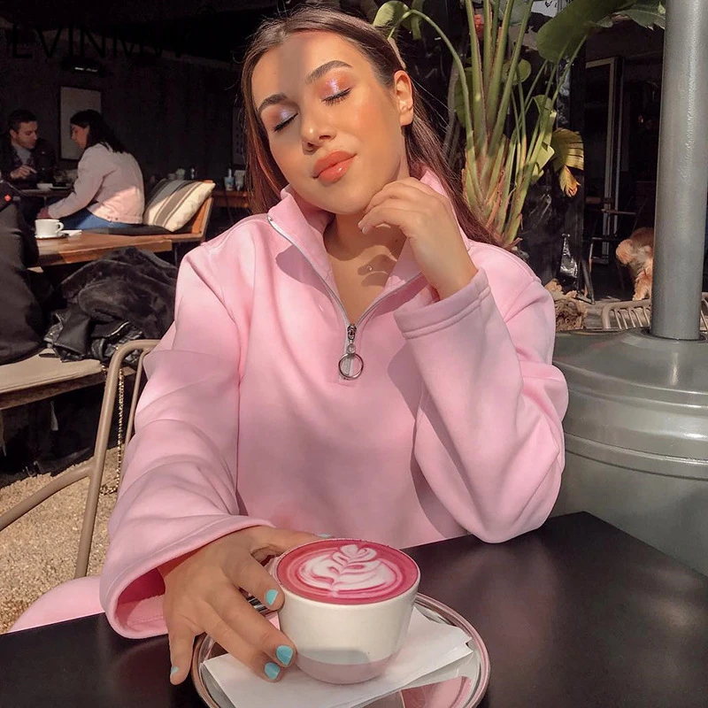 LVINMW Повседневная зимняя толстовка с отложным воротником на молнии длинным