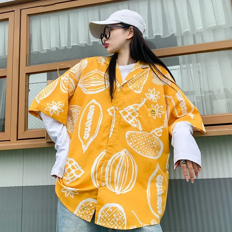 

QWEEK Hawaii Shirt Women Harajuku Blouses Short Sleeve Printed Button Up Tops Korean 2021 Fashion Oversized Streetwear Casual