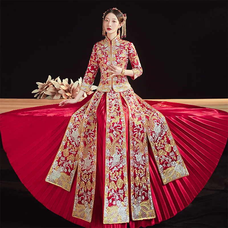 

Oversize 6XL Retro Chinese Marry Pleated Skirt Cheongsam High Quality Embroidery Rhinestone Bride Groom Wedding Dress