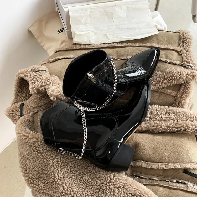 

MLJUESE 2021 women ankle boots soft Cow leather winter short plush zippers chain pointed toe high heels female Western boots