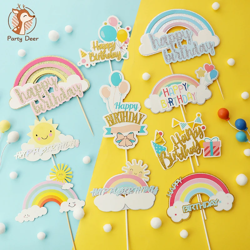 Топпер для торта С Днем Рождения Милая Радужная звезда Солнце облако флаг