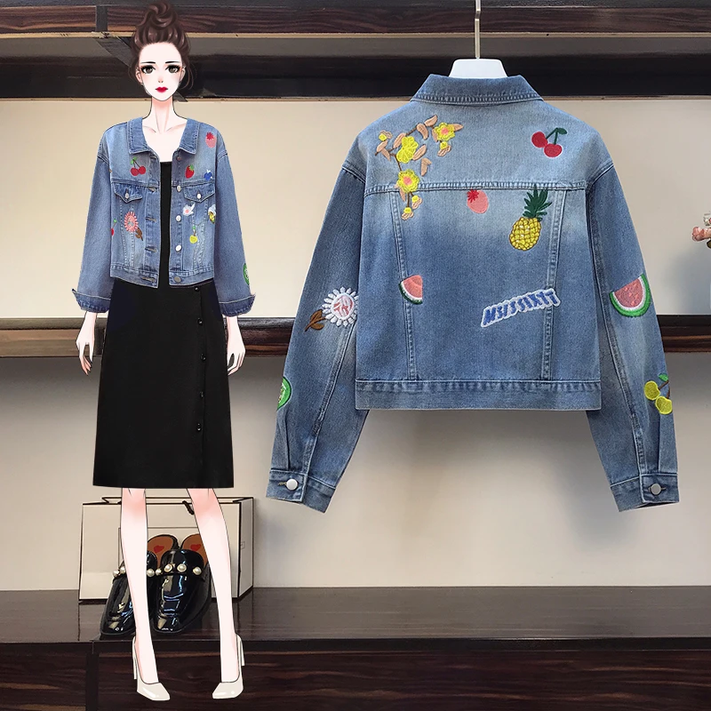 

Fashion Plus Size 4XL Short Denim Jackets Women 2020 Spring Autumn New Embroidered Casual Long Sleeve Coat Streetwear Outwear