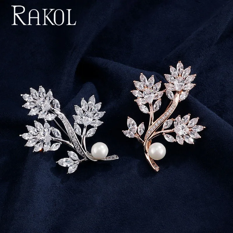 RAKOL новый роскошный блестящий лист ААА фианит с брошь искусственным жемчугом