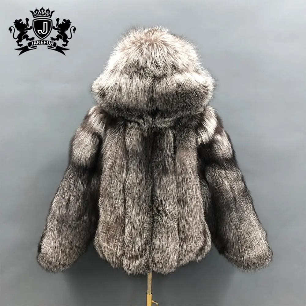 

Зимняя модная теплая шуба из натурального Лисьего меха с капюшоном Janefur
