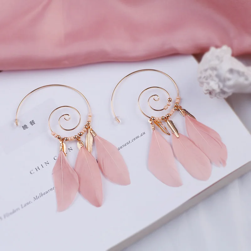 Sansummer новые модные большие круглые листья розовые перья Boho Feautiful массивные элегантные трендовые серьги для женщин ювелирные изделия