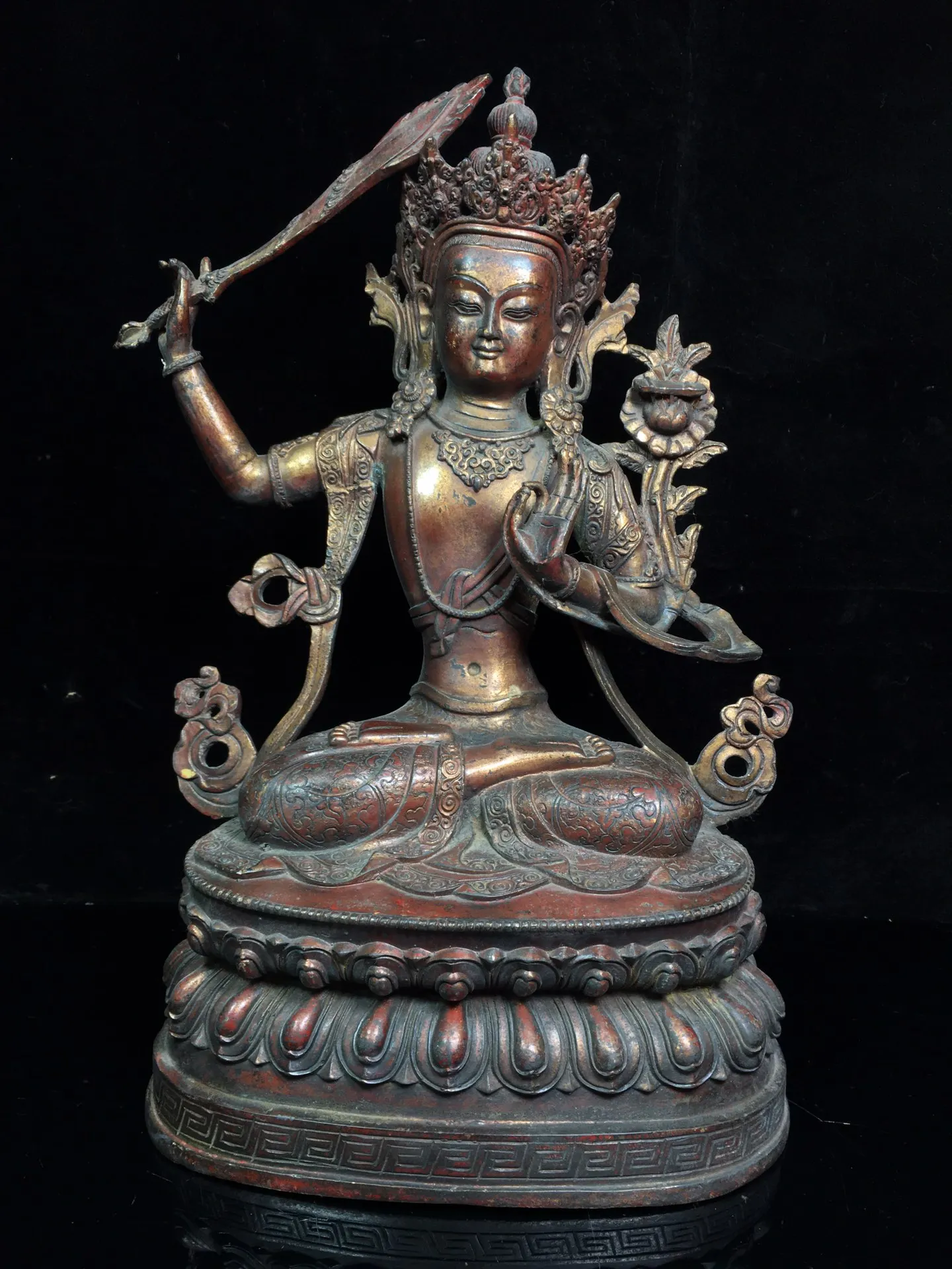 

15"Chinese Folk Collection Old Bronze Cinnabar Lacquer Manjushri Guanyin Lotus Buddha Ornaments Town House Exorcism