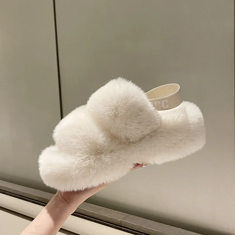 

Winter Women Fur Slippers House Full Furry Shoes Fluffy Plush Platform Heel Slides Luxury Designer Shoes Casual Ladies Slippers