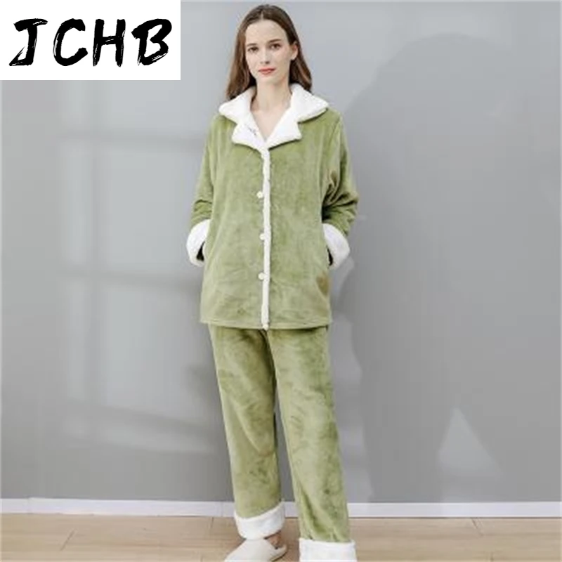 

JCHB 2021 Women's Autumn Winter Velvet Pajama Set Solid Thick Sleepwear Female Turndown Collar Singl Breasted Loose Plus Size Py