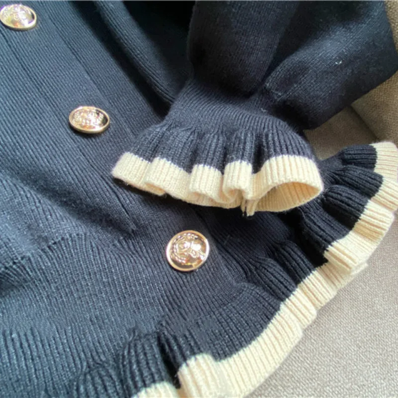 

Women Cardigan Slim Fit Short Ruffles Turn-down Collar Knitted Sweater Female Patchwork Elegant All-match Retro Chic Streetwear