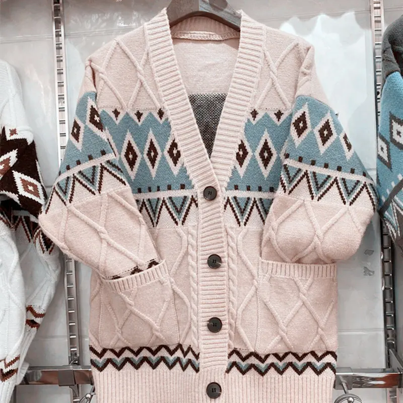 

Retro Round Neck Sweater Women 2021 Spring Autumn New Loose Ethnic Knit Cardigan Korean Fashion Casual Jacket Sueters De Mujer